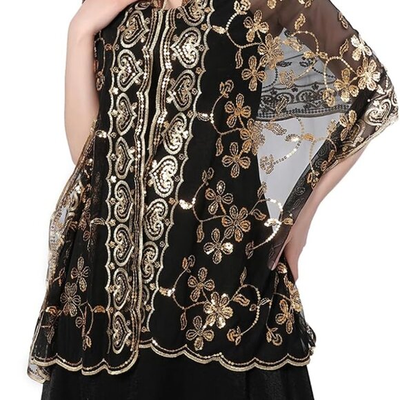 Shawls and Wraps for Evening Dresses,Women Formal 1920s Sequin Flower Sheer Shaw - Picture 4 of 8